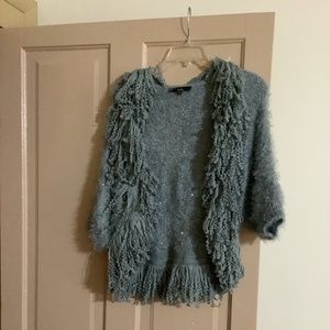 Ladies dressy sequined sweater with fringe trim.